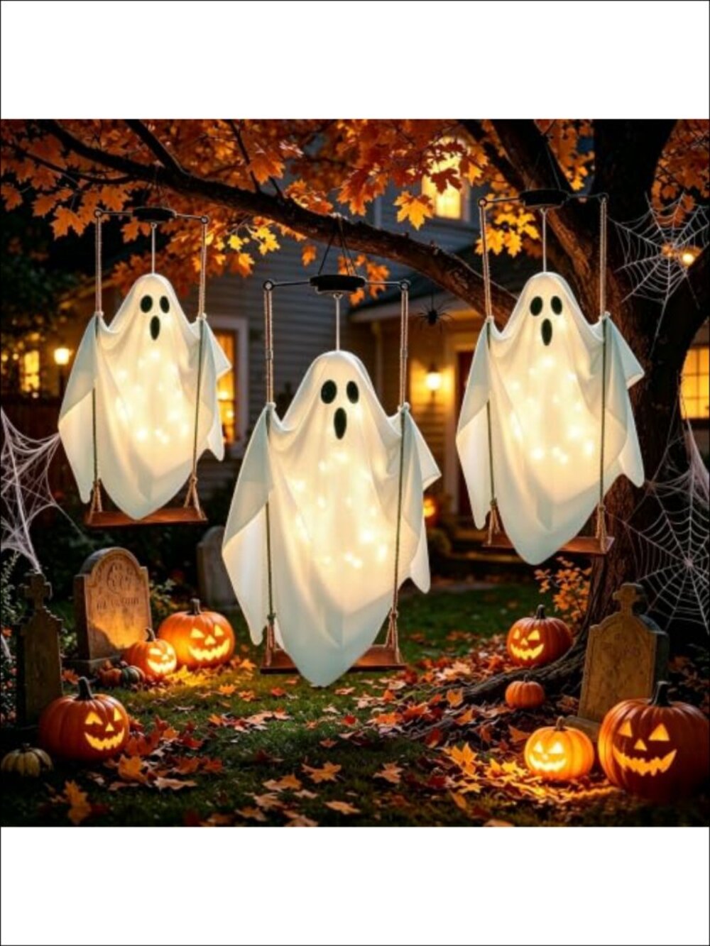 Solar Hanging Ghost on Swing Halloween Decor with LED Lights 2 Pack